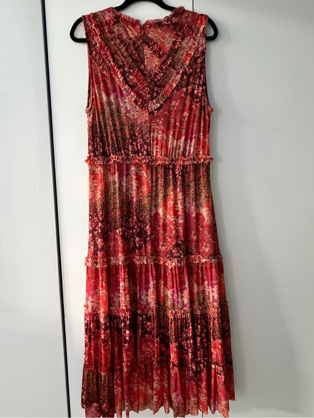 Johnny Was Red Floral Tiered V-Neck Midi Dress